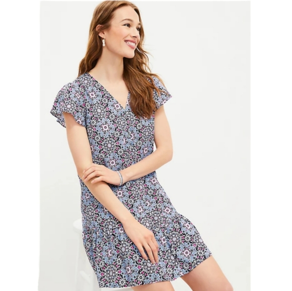 Loft Medallion Print Button Front Drop Waist Ruffle Flounce Mini Swing Dress L - Picture 16 of 16